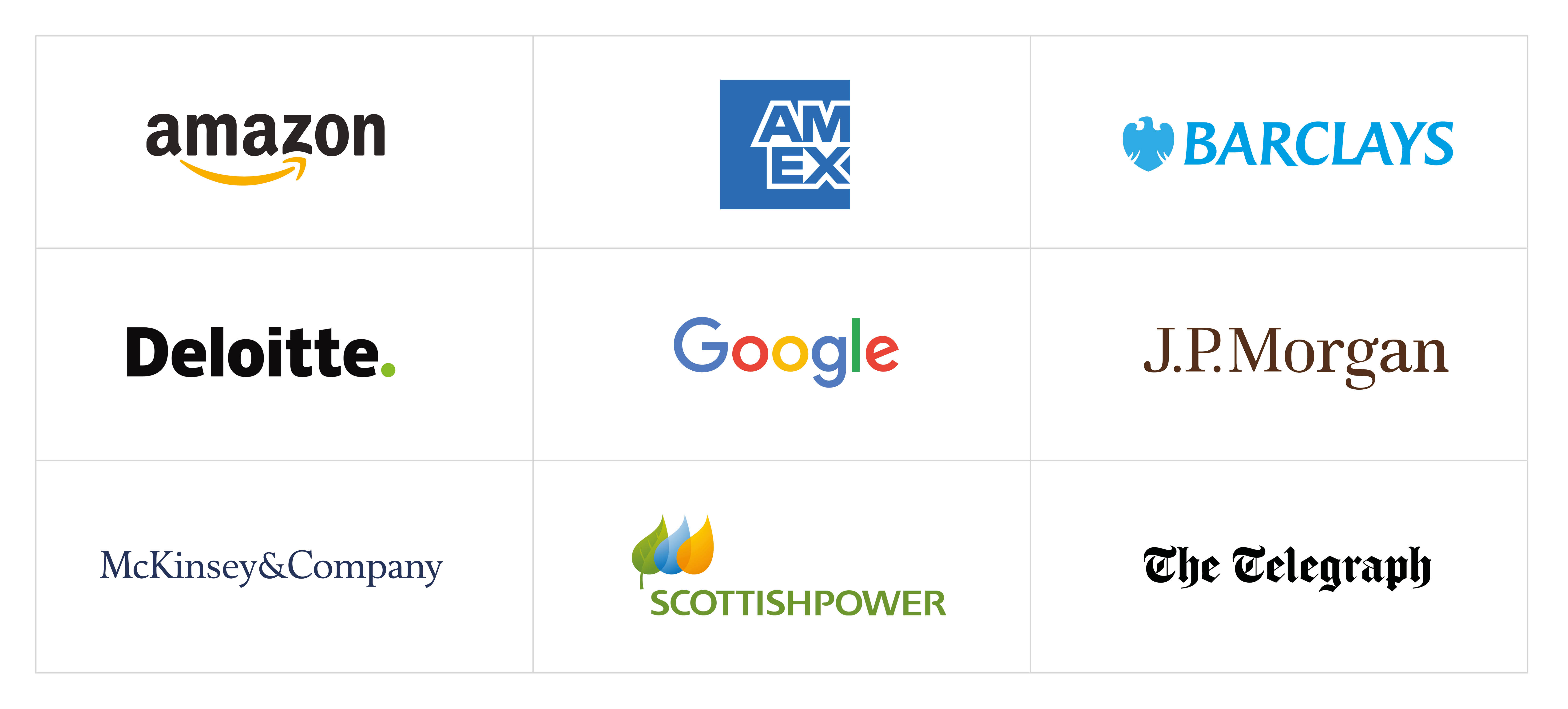 Logos of companies that WBS Full-time MBAs go on to work at: Amazon, Amex, Barclays, Deloitte, Google, J.P.Morgan, McKinsey and Company, Scottish Power, The Telegraph