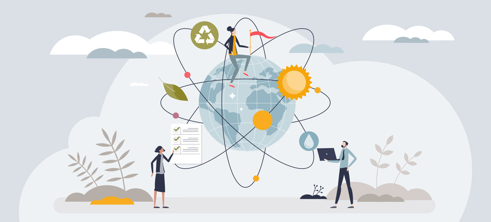 A graphic of the Earth like an atom, surrounded by three business people and various elements of sustainability reports.