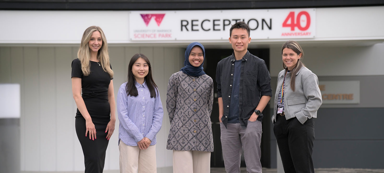 From left to right: Victoria Lynch from The University of Warwick Science Park, WBS students Tiffany Mi, Alia Ningtias and Darren Kurnia, and Katie Kukla, Assistant Relationship Manager at WBS