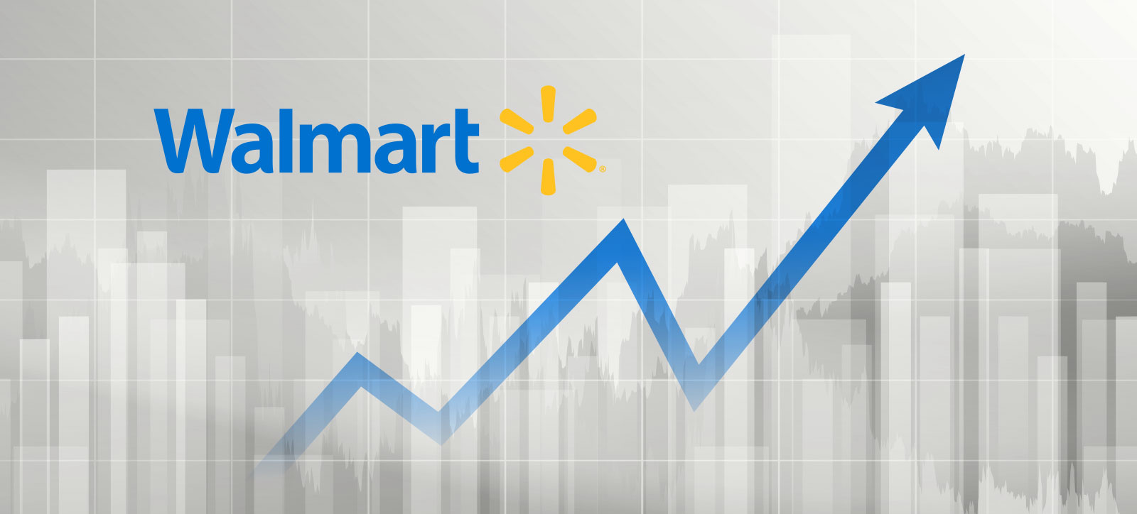 The logo of US retail giant Walmart set against a greyscale bar chart and backdrop with an upwards trending blue arrow showing its growth.