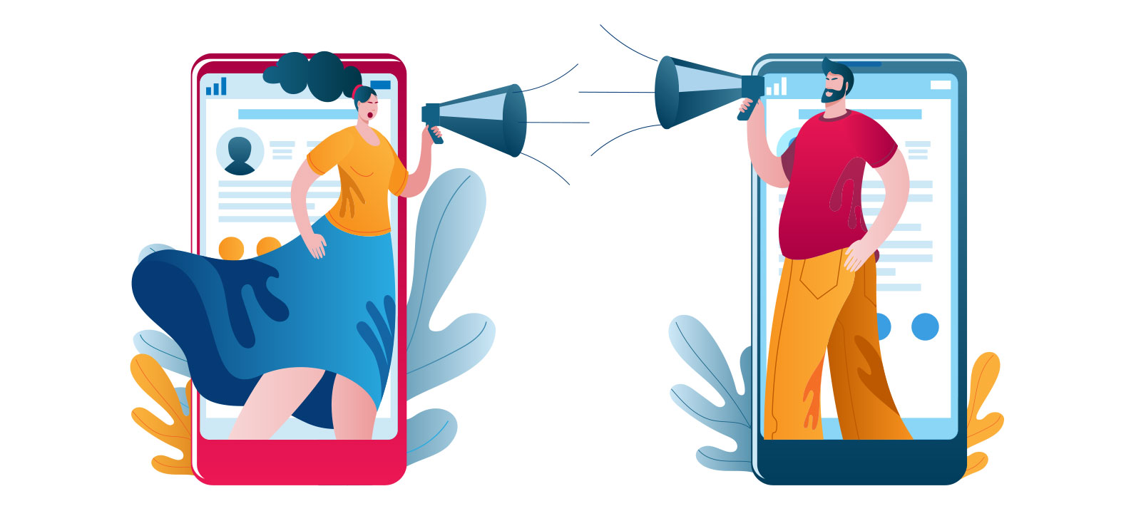 A graphic image of a woman and a man shouting at each each with megaphones from inside mobile phones.