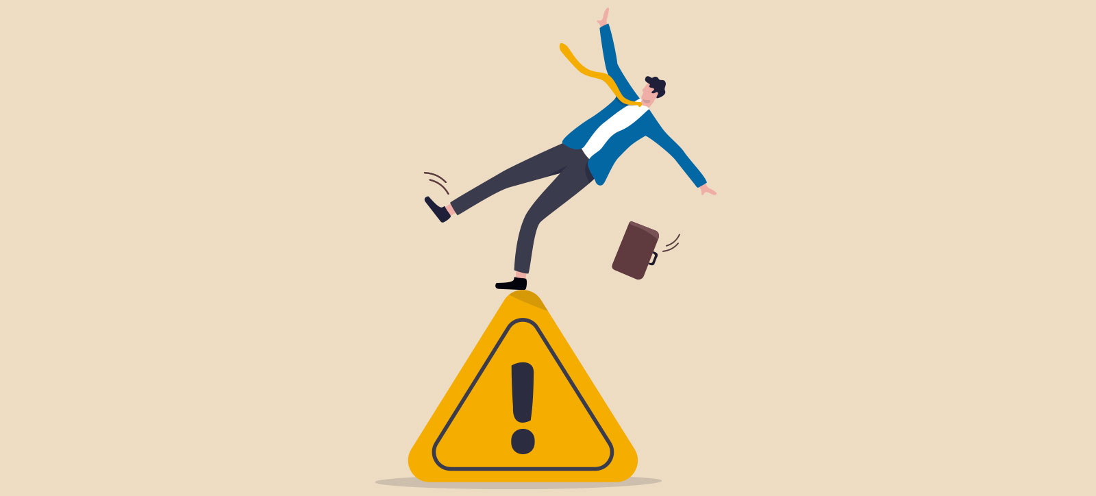 A graphic of a businessman balancing precariously on top of a triangular warning sign