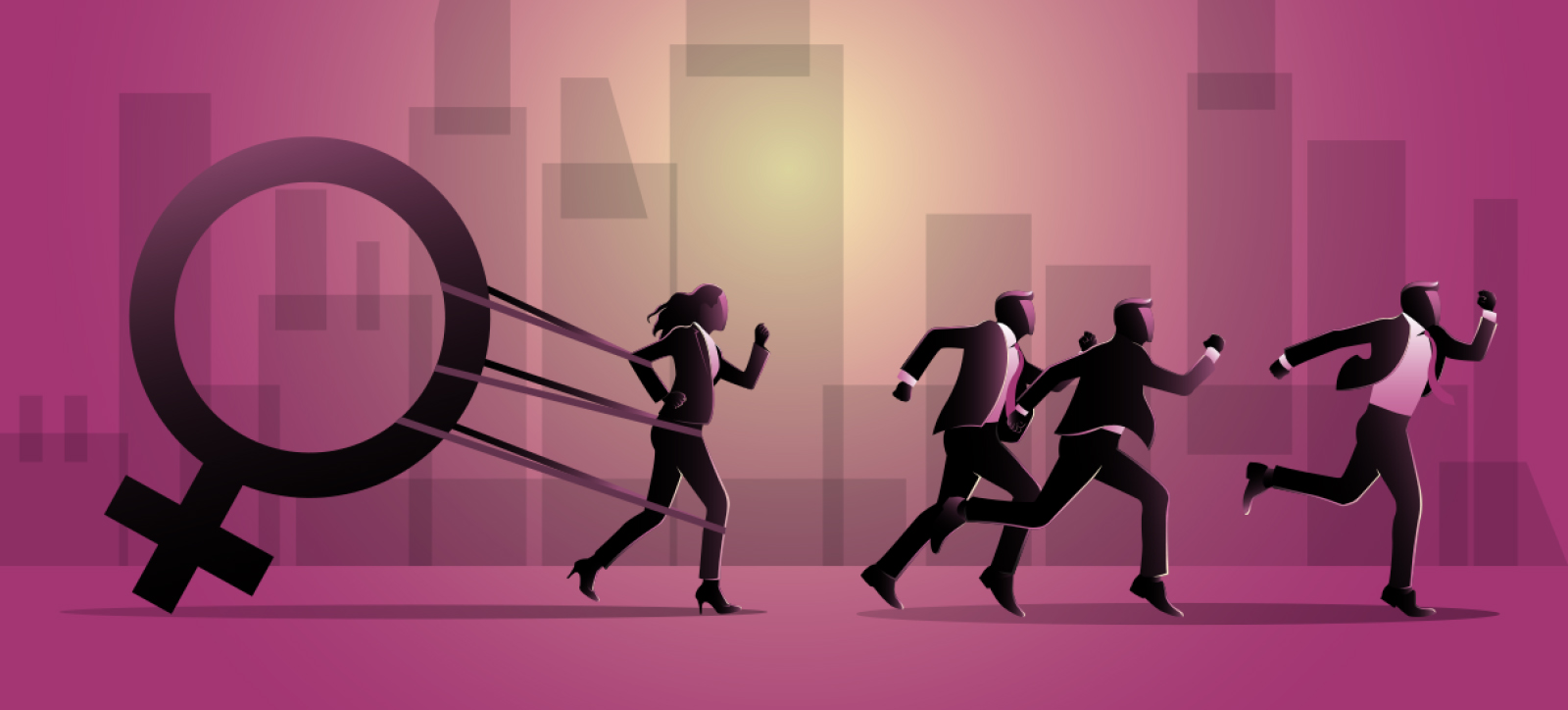 A graphic of a businesswoman being held back as she drags the female symbol of a circle with a cross behind her, as three businessmen race ahead.