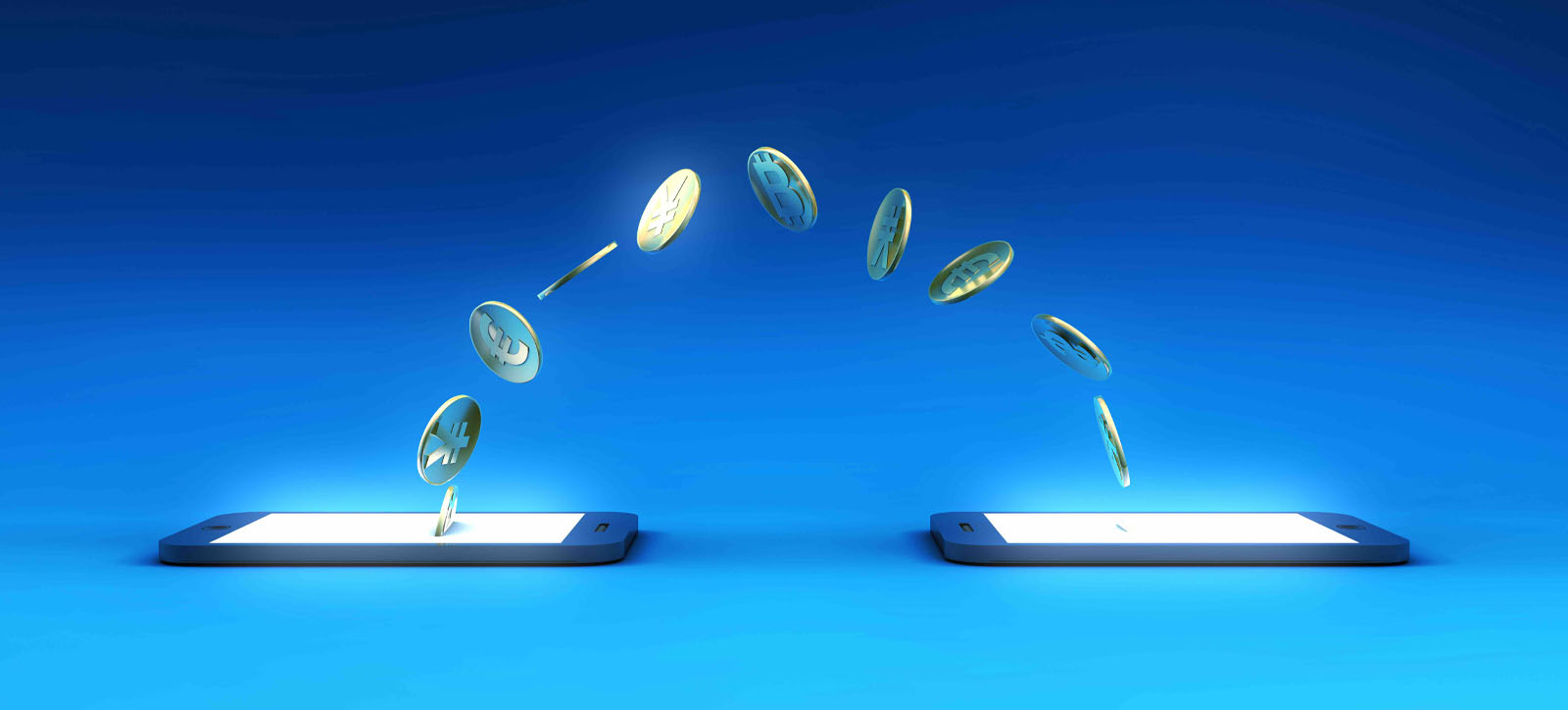 Picture of coins magically flying from one smartphone to another