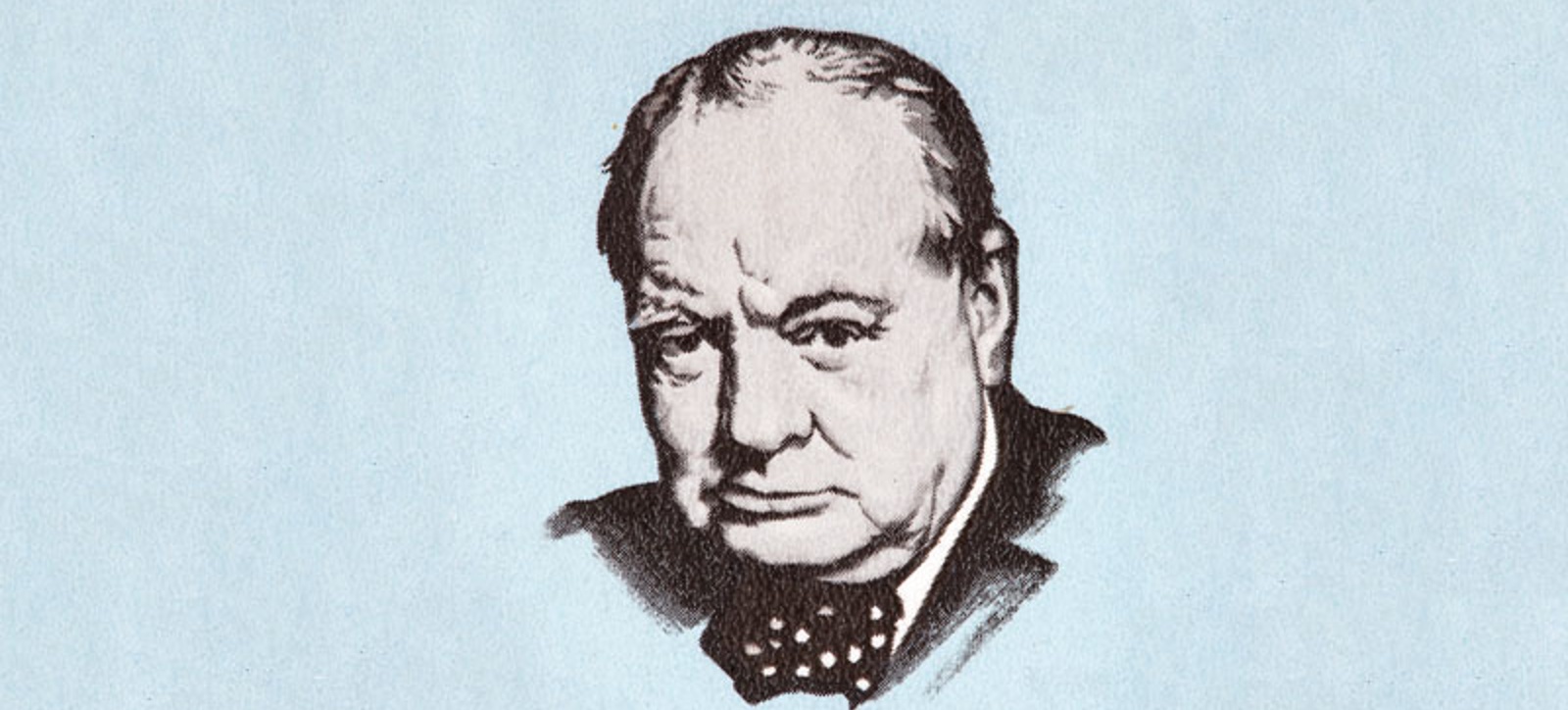A black and white image of Winston Churchill (in the same pose that appears on the UK £5 note) on a light blue background. A black and white image of Winston Churchill (in the same pose that appears on the UK £5 note) on a light blue background.