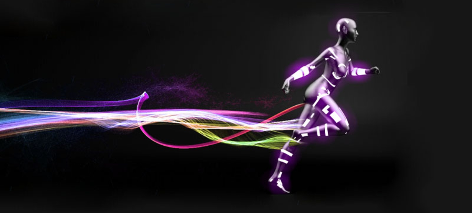 A graphic of an android running from left to right across the image, leaving a luminous trial of colours behind it.