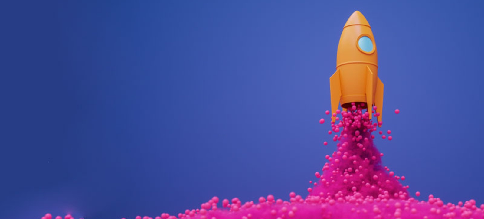 A digital image of an orange rocket taking off amid a cloud of pink bubbles as an illustrating of digital innovation.