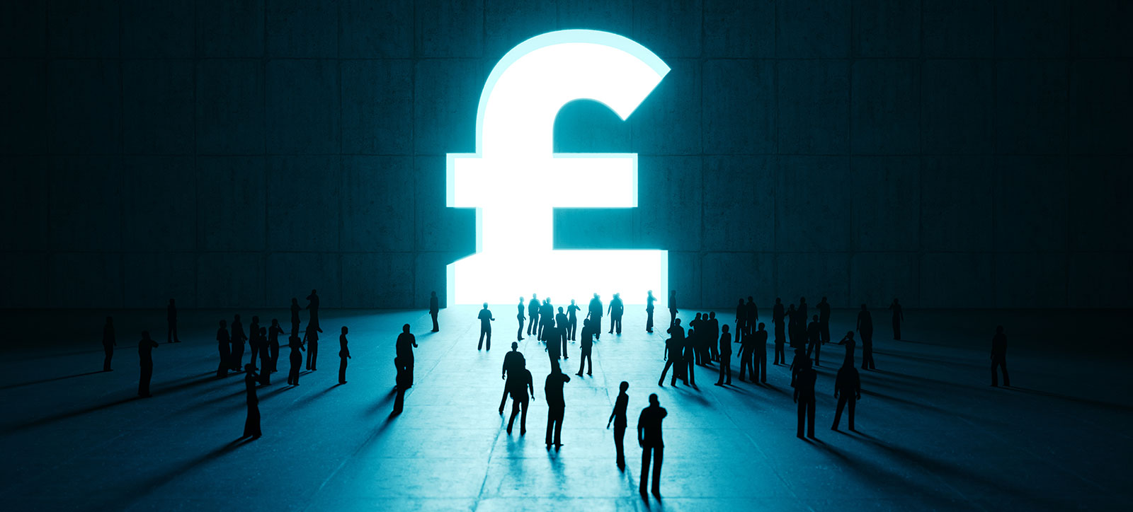 Small human figures gravitate towards an illuminated pound sign cut in a dark wall, demonstrating the impact a digital pound will have.