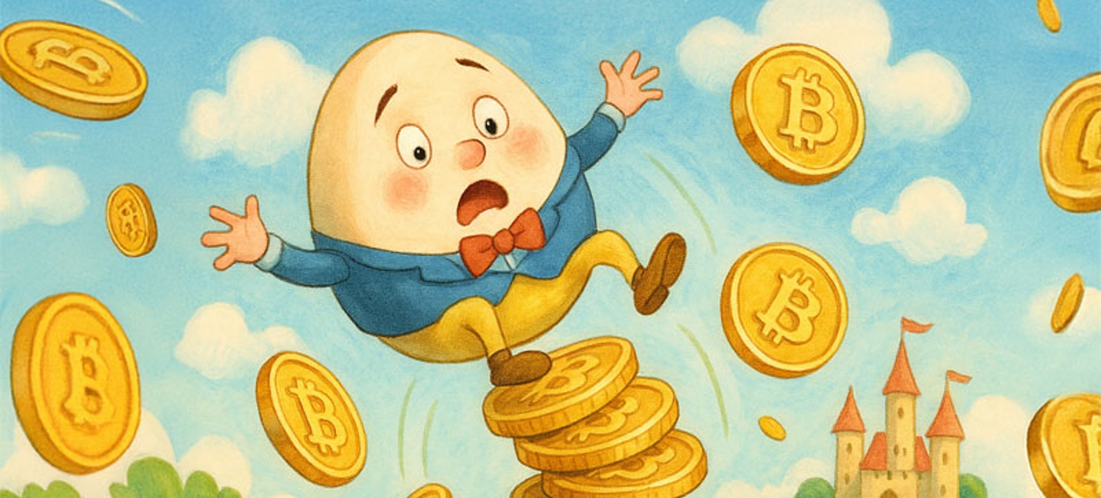 An AI generated cartoon image of Humpty Dumpty failing off a toppling stack of bitcoin. Coins fall around him. A fairytale castle sits on a hill in the background. An AI generated cartoon image of Humpty Dumpty failing off a toppling stack of bitcoin. Coins fall around him. A fairytale castle sits on a hill in the background.