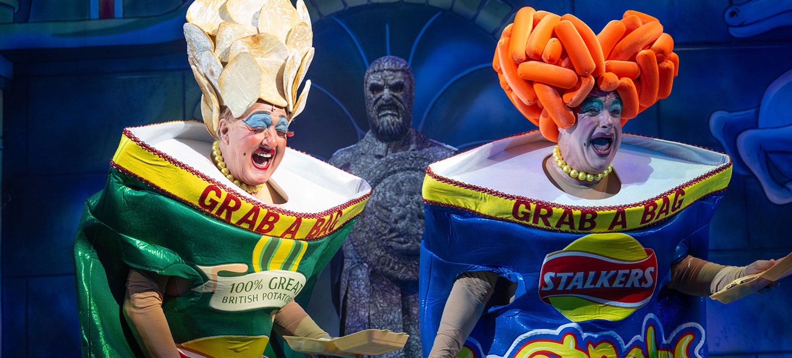 Coventry's famous panto dame Iain Lauchlan and his 'ugly stepsister' starring in the Belgrade Theatre Christmas pantomime, dressed in outrageous 'crisp packet' costumes..