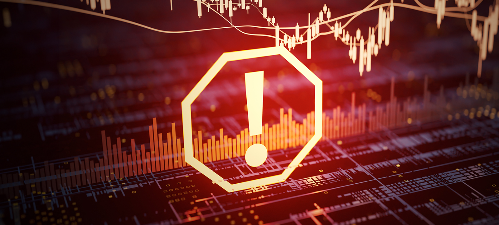 A hi-tech display tracking corporate bond performance with a red alert symbol warning of a flaw in the data