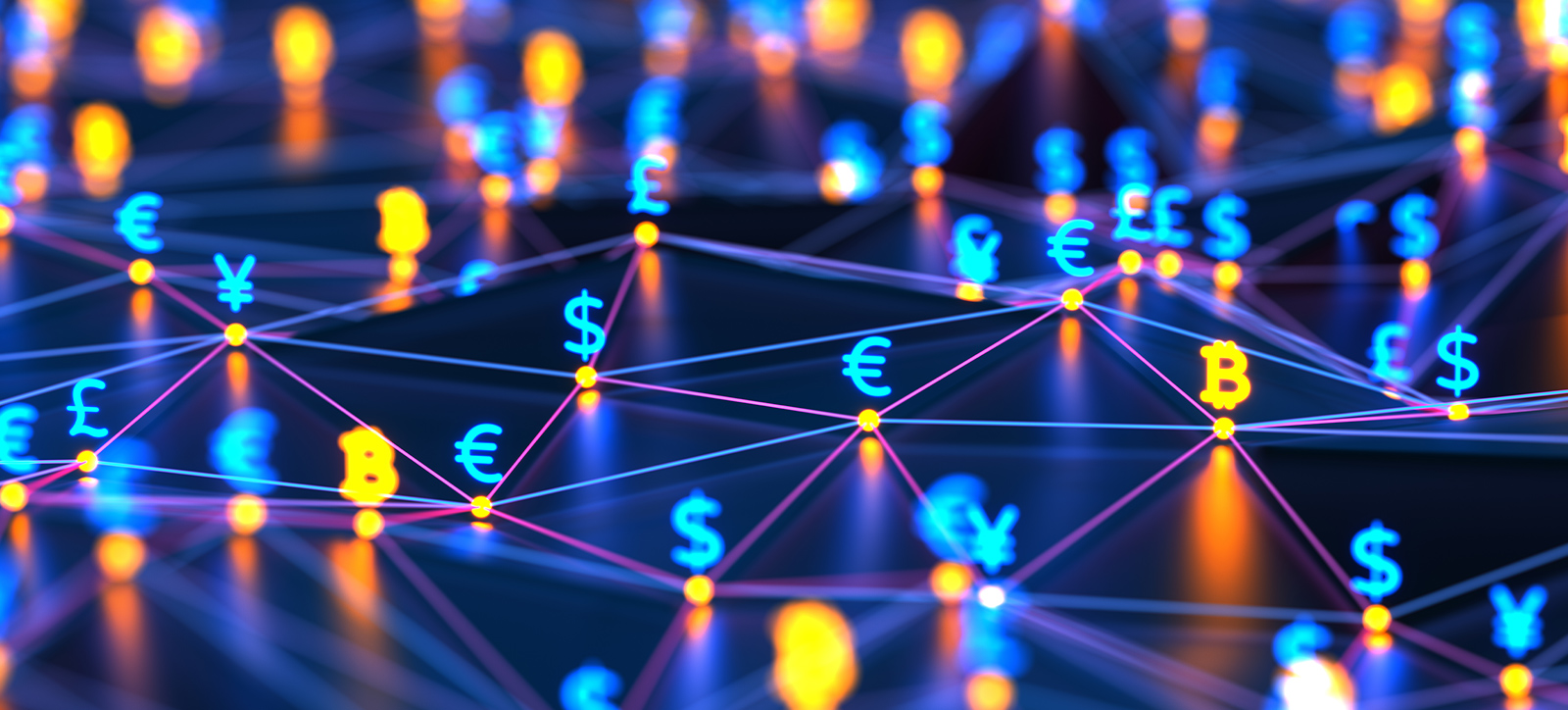 A large collection of currency symbols (sterling, US dollors, yen, and euros), all joined by a web of connections