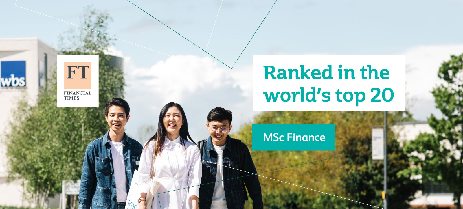 Picture of students at WBS with World's top 20 MSc Finance written on it