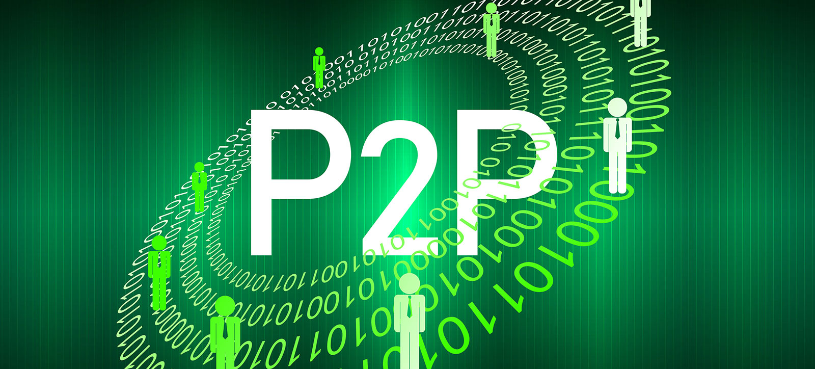 P2P written in the middle of an orbiting disc of binary code that connect people icons spread around the circle. The image evokes the impact that AI could have on peer-to-peer lending