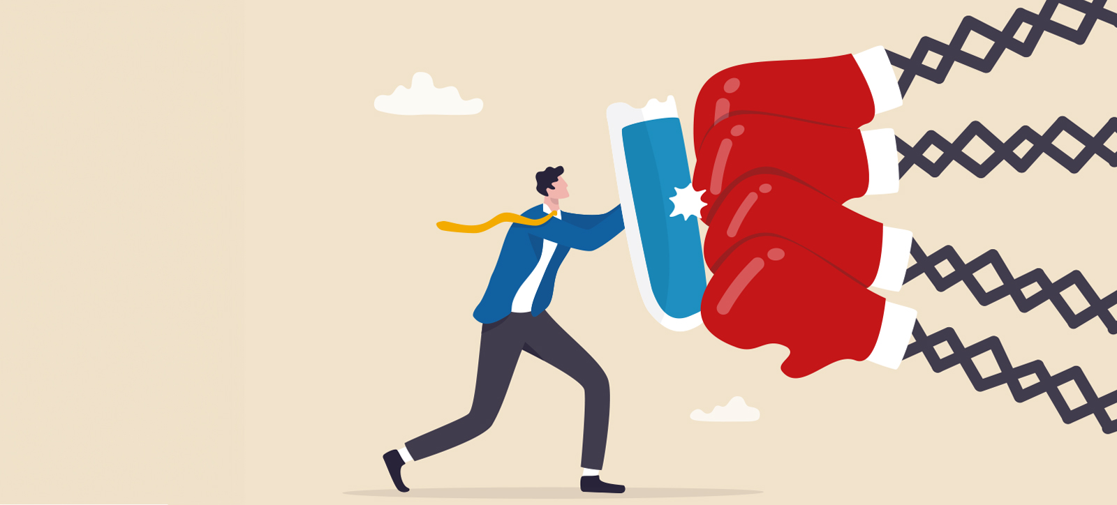 A graphic of a man in a suit using a shield to block four giant boxing gloves that are heading for his business