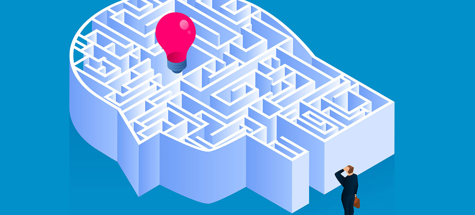 Graphic of a businessman standing at the entrance to a maze shaped like a human, uncertain how to reach the red lightbulb in the centre that represents the correct choice