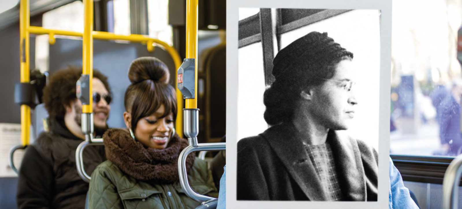 A photograph of civil rights campaigner Rosa Parks is held up in front of passengers sat on a public bus.