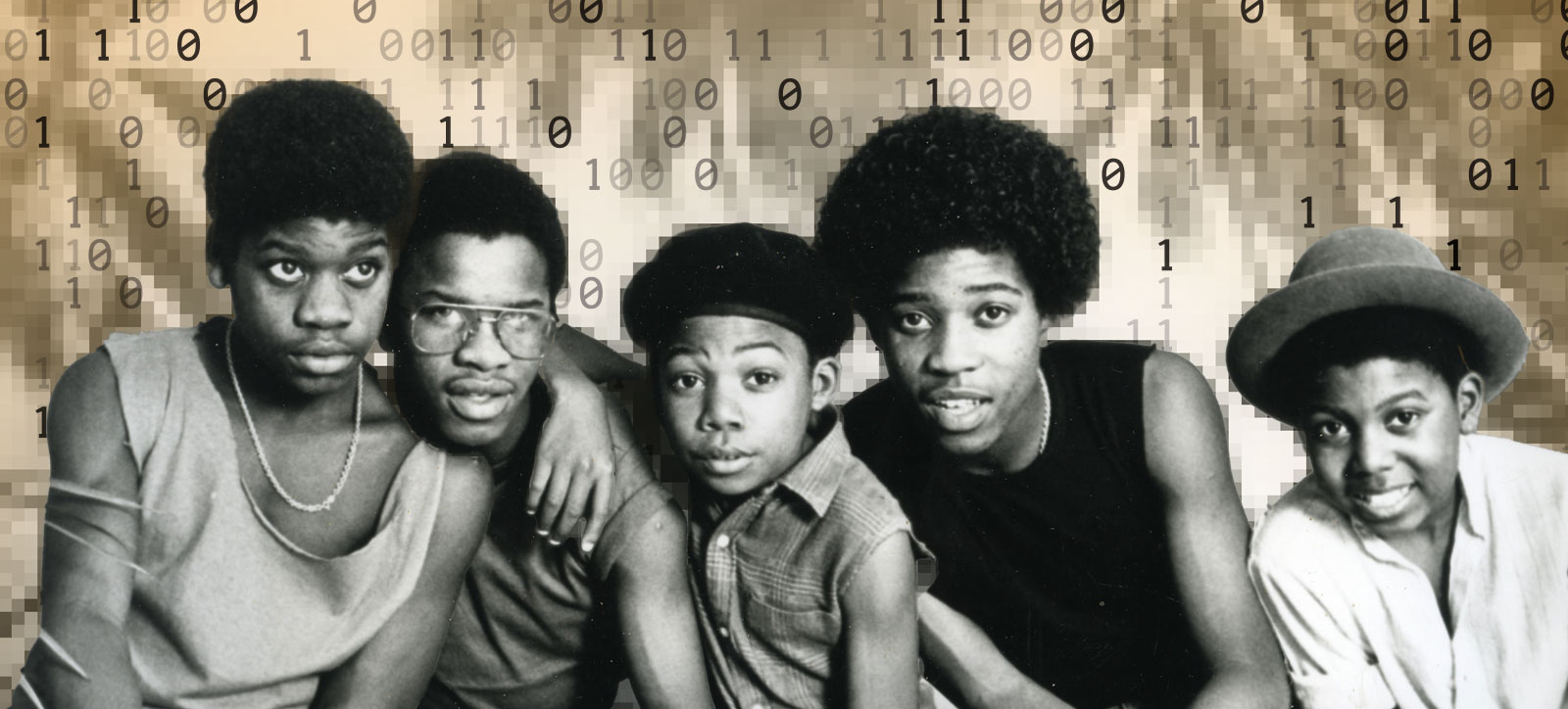 A photograph of Musical Youth, who topped the charts with the global hit Pass the Dutchie. The image has been edited to show coding patterns of 1s and 0s in the background to show how generative AI is reshaping intellectual property.