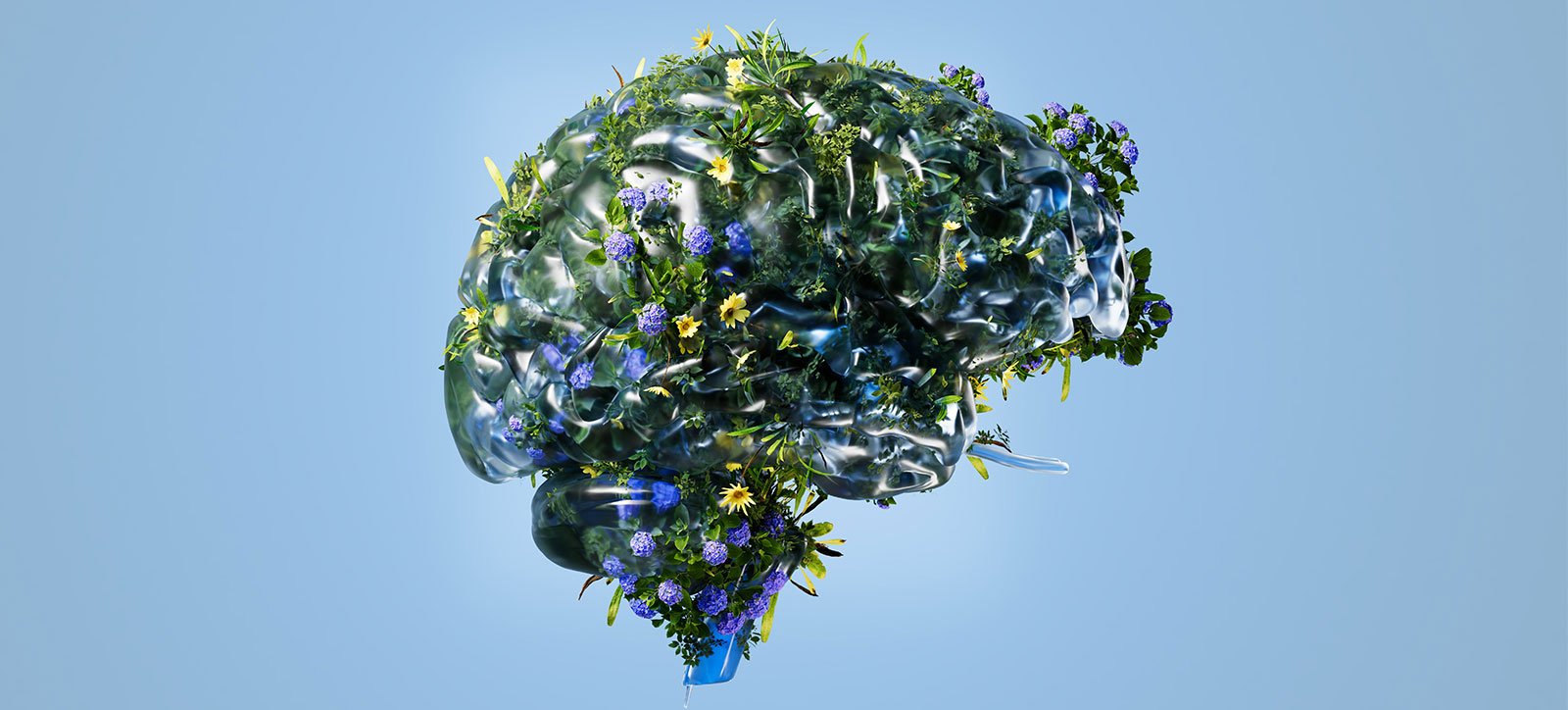 Grass, flowers, and other greenery growing across a robotic brain to show AI thinking about sustainability