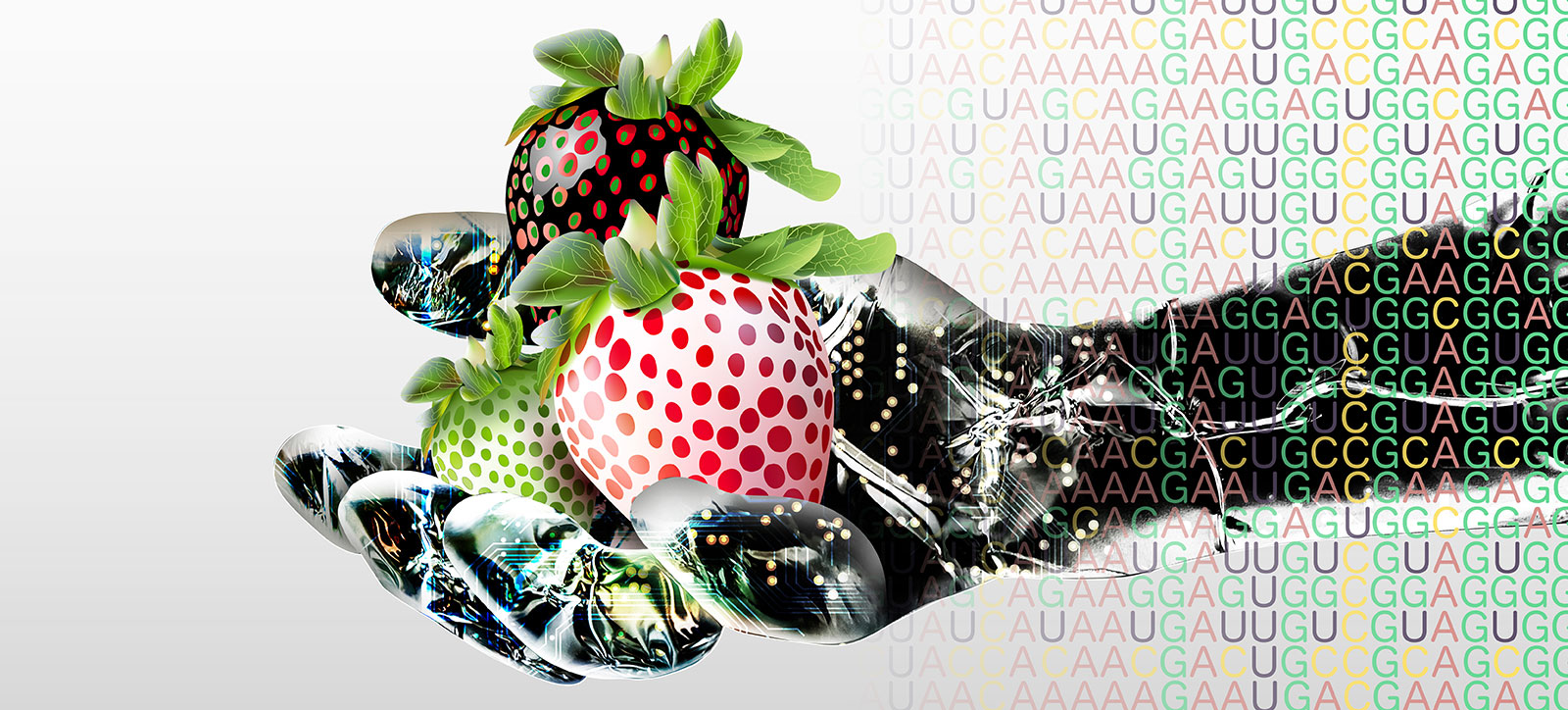 A robotic hand overlaid with colourful coding holds three incorrectly coloured strawberries. One is white with red dots, another is white with green dots, and the third is black with green dots surrounded by red circles.