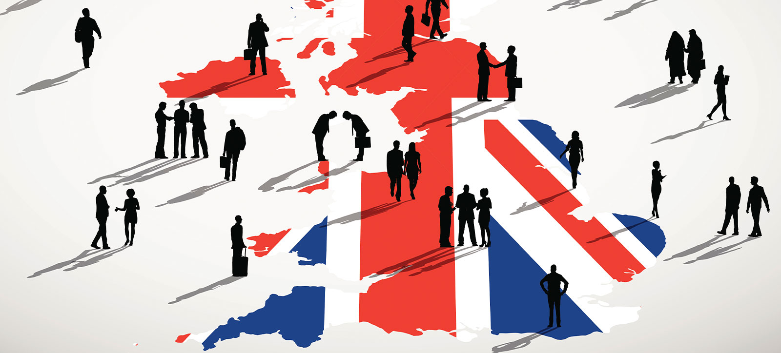 Silhouettes of businessmen and women in different locations across a map of the UK that is coloured like the Union Jack.