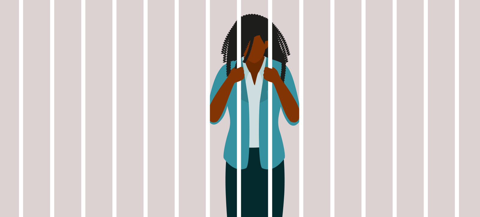 A graphical image of a black woman in smart business attire, stood behind prison bars.