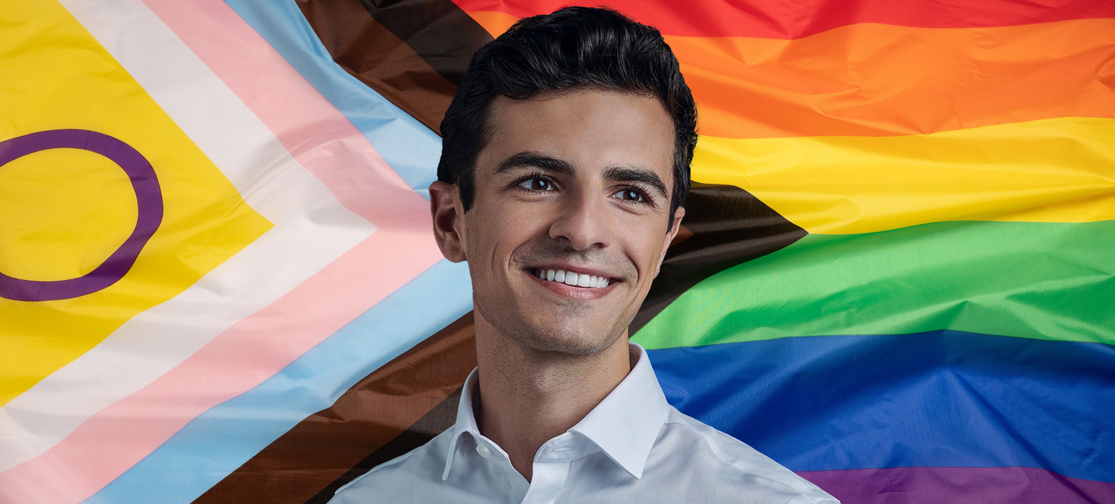 A headshot of Grow Mentoring founder Justin Farrance against a backdrop of a LGBTQUA+ flag